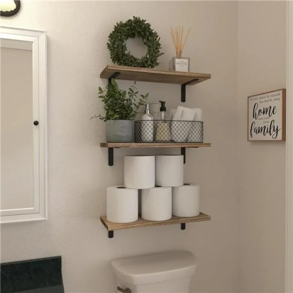 Wopitues Rustic Wood Floating Shelves Set Wall Storage Bathroom Bedroom Decor